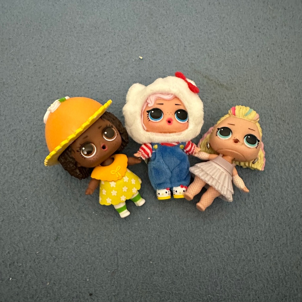 LOL Surprise Doll Lot 3pc Hello Kitty Overalls Orange Fruit Hat White Dress 3in